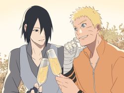 Rule 34 | 2boys, alcohol, bandages, black eyes, black hair, blonde hair, blue eyes, boruto: naruto next generations, cubur, cup, drinking glass, fingerless gloves, gloves, grey shirt, grey vest, grin, hair over one eye, hand on own chin, highres, holding, holding cup, leaf, long sleeves, looking at another, multiple boys, naruto (series), open mouth, orange shirt, outdoors, shirt, short hair, smile, sunrise, teeth, toasting (gesture), uchiha sasuke, uzumaki naruto, vest, wine, wine glass