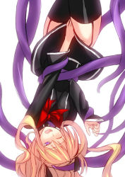 Rule 34 | 1girl, blonde hair, bow, long hair, open mouth, purple eyes, quiz magic academy, shalon, solo, tentacles, tetsu (kimuchi), thighhighs, upside-down, wince