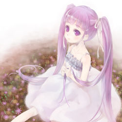 Rule 34 | 1girl, alternate costume, bow, dress, female focus, flower, grass, long hair, ma na roo, nature, pale skin, plant, purple eyes, purple hair, ribbon, sitting, solo, sophie (tales), tales of (series), tales of graces, twintails