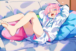 Rule 34 | 1boy, barefoot, blue eyes, commentary request, couch, drooling, heterochromia, highres, hood, hood down, hoodie, indoors, long sleeves, male focus, mouth drool, on couch, open mouth, original, pink eyes, pink hair, raito-kun (uenomigi), shorts, solo, two-sided fabric, two-sided hoodie, two-sided shorts, uenomigi, white hoodie, white shorts, yawning