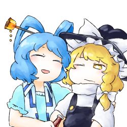 Rule 34 | alcohol, beer, beer bottle, blonde hair, blue eyes, blue hair, blush, bottle, bow, braid, buttons, chisel, closed eyes, hair bow, hair ornament, hair ribbon, hand on another&#039;s shoulder, hat, kaku seiga, kirisame marisa, ribbon, smile, touhou, witch hat, yaise, yellow eyes
