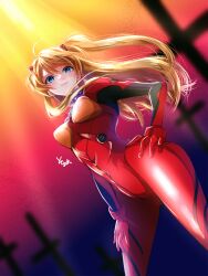 Rule 34 | 1girl, artist request, ass, blue eyes, bodysuit, breasts, brown hair, cowboy shot, curvy, floating hair, gradient background, hair between eyes, hand on own hip, highres, lips, long hair, looking at viewer, medium breasts, narrow waist, neon genesis evangelion, plugsuit, red bodysuit, shiny clothes, shiny skin, smile, solo, souryuu asuka langley, turtleneck, twintails, two side up, wide hips