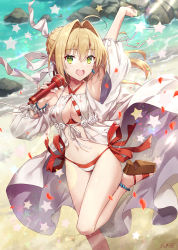 Rule 34 | 1girl, :d, ahoge, anklet, arm up, armpits, bare shoulders, beach, bikini, blonde hair, blush, bracelet, braid, breasts, cleavage, coat, collarbone, commentary request, criss-cross halter, day, earrings, fate/grand order, fate (series), flower, foot out of frame, gabiran, green eyes, hair intakes, hair ribbon, halterneck, hand up, holding, holding microphone, jewelry, leg up, long hair, looking at viewer, medium breasts, microphone, navel, nero claudius (fate), nero claudius (fate) (all), nero claudius (swimsuit caster) (fate), nero claudius (swimsuit caster) (third ascension) (fate), open clothes, open coat, open mouth, outdoors, petals, red bikini, ribbon, sandals, see-through, side-tie bikini bottom, signature, smile, solo, standing, standing on one leg, star (symbol), stomach, striped bikini, striped clothes, swimsuit, teeth, thighs, twintails, upper teeth only, water, white coat, white flower, white ribbon
