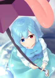 Rule 34 | 1girl, absurdres, aqua skirt, blue eyes, blue hair, blue vest, blurry foreground, blush, breasts, closed mouth, cloud, cloudy sky, cross-laced clothes, fisheye, from above, geta, heterochromia, highres, holding, holding umbrella, juliet sleeves, kanpa (campagne 9), karakasa obake, long sleeves, looking at viewer, medium breasts, puffy sleeves, purple umbrella, red eyes, reflection, shirt, short hair, skirt, sky, smile, socks, solo, standing, tatara kogasa, tongue, touhou, umbrella, vest, water, white shirt