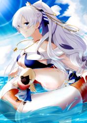 Rule 34 | 1girl, absurdres, anastasia (fate), anastasia (swimsuit archer) (fate), anastasia (swimsuit archer) (third ascension) (fate), bare shoulders, beach, bikini, blue bikini, blue eyes, blue skirt, blue sky, blush, bow, breasts, cleavage, collarbone, doll, fate/grand order, fate (series), hair bow, hair over one eye, highres, innertube, jewelry, large breasts, long hair, long sleeves, looking at viewer, miniskirt, navel, necklace, ocean, one heart1201, ponytail, puffy long sleeves, puffy sleeves, silver hair, skirt, sky, smile, swim ring, swimsuit, very long hair, viy (fate)