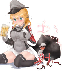 Rule 34 | 1boy, 1girl, :t, alcohol, beer, giant, giantess, gloves, hat, kantai collection, military, military uniform, nekosu (nfxgs227), prinz eugen (kancolle), simple background, size difference, thighhighs, uniform, vore, white background