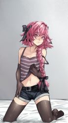 Rule 34 | 1boy, astolfo (fate), bare shoulders, belt, black belt, black gloves, black shorts, black thighhighs, braid, camisole, camisole lift, clothes lift, collarbone, elbow gloves, fang, fate/apocrypha, fate/grand order, fate (series), gloves, hair intakes, hair over shoulder, highres, kneeling, kobi420, lifting own clothes, long braid, long hair, looking at viewer, male focus, multicolored hair, navel, official alternate costume, pink hair, purple eyes, short shorts, shorts, single braid, skin fang, solo, stomach, strap slip, streaked hair, striped camisole, thighhighs, trap, undressing, white hair