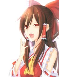Rule 34 | 1girl, brown hair, detached sleeves, hair ornament, hakurei reimu, japanese clothes, long hair, miko, open mouth, red eyes, simple background, solo, touhou, white background, wonton