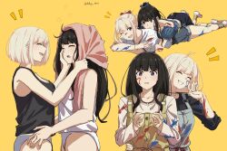 Rule 34 | 2girls, alternate hairstyle, apron, artist name, black hair, blonde hair, bracelet, closed eyes, fafayu, hair ribbon, heart, highres, hug, hug from behind, inoue takina, jewelry, long hair, looking at another, lycoris recoil, lying, medium hair, multiple girls, multiple views, necklace, nishikigi chisato, no pants, on stomach, one eye closed, open mouth, orange eyes, overalls, paint splatter, panties, ponytail, purple eyes, ribbon, shirt, shoes, shorts, simple background, smile, sneakers, stained clothes, t-shirt, towel, towel on head, underwear, yellow background, yuri