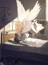 Rule 34 | 2girls, absurdres, angel, angel wings, bandaged hand, bandages, bandaid, bandaid on face, barefoot, bed, bed sheet, brown hair, cardiogram, closed eyes, commentary, day, death, dress, feathered wings, feet out of frame, floating, flower, flying, from side, gown, green eyes, grey shirt, halo, hands on another&#039;s face, highres, hospital, hospital bed, imminent kiss, indoors, intravenous drip, kotobuki nashiko, long hair, long sleeves, looking at another, lying, medium hair, multiple girls, on back, on bed, orange hair, original, parted lips, pillow, shirt, short sleeves, smile, sunlight, vase, wavy hair, white dress, wide sleeves, wings, yellow flower, yuri