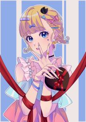 Rule 34 | 1girl, absurdres, bandaid, bandaid hair ornament, blonde hair, blue eyes, blunt bangs, bow, box, bracelet, braid, choker, earrings, fingernails, frills, hair bow, hair ornament, hand on own face, hands up, head tilt, heart, heart-shaped box, heart hair ornament, highres, holding, honeyworks, jewelry, kokuhaku jikkou iinkai, looking at viewer, low twin braids, multiple rings, nail polish, narumi mona, necklace, parted lips, pink nails, red ribbon, ribbon, ring, short twintails, solo, striped, striped background, twin braids, twintails, upper body, yellow nails, yoriko
