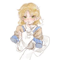 Rule 34 | 1girl, 80isiiii, arm warmers, blonde hair, blush, brown jacket, green eyes, highres, jacket, looking at viewer, mizuhashi parsee, open mouth, pointy ears, scarf, short hair, simple background, solo, touhou, upper body, white background, white scarf