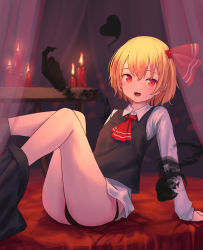Rule 34 | 1girl, :d, arm support, ascot, ass, bare legs, bed, black panties, black vest, blonde hair, blush, candle, commentary request, curtains, darkness, feet out of frame, hair between eyes, hair ribbon, heart, highres, indoors, knees up, long sleeves, looking at viewer, no pants, open mouth, panties, red ascot, red eyes, red ribbon, ribbon, roke (taikodon), rumia, shirt, short hair, sitting, smile, solo, thighs, touhou, underwear, vest, white shirt