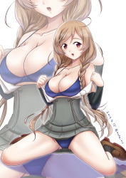 Rule 34 | 1girl, arm warmers, artist name, blue bra, blue panties, blush, bra, braid, breasts, brown eyes, cleavage, cloud hair ornament, collarbone, dated, full body, grey skirt, kantai collection, large breasts, light brown hair, long hair, looking at viewer, minegumo (kancolle), moke ro, open clothes, open mouth, open shirt, panties, pantyshot, pleated skirt, school uniform, shirt, short sleeves, simple background, sitting, skirt, smile, solo, suspender skirt, suspenders, twin braids, underwear, white shirt, zoom layer