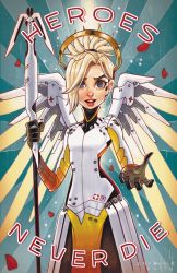 Rule 34 | 1girl, artist name, black gloves, chrissie zullo, english text, gloves, halo, high ponytail, lips, looking at viewer, mechanical halo, mechanical wings, mercy (overwatch), open mouth, overwatch, overwatch 1, pantyhose, petals, solo, spread wings, staff, wings, yellow wings
