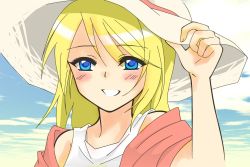 Rule 34 | 1girl, blonde hair, blue eyes, hat, holding, holding clothes, holding hat, kagamine rin, portrait, sky, solo, sun hat, torurin, vocaloid