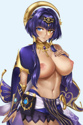 Rule 34 | 1girl, absurdres, blue background, blue eyes, blue hair, blush, breasts, candace (genshin impact), cleavage, closed mouth, cowboy shot, dark-skinned female, dark skin, genshin impact, hair ornament, hand on own chest, heterochromia, highres, large breasts, nail polish, navel, nipples, purple nails, simple background, smile, solo, yellow eyes, ytoy