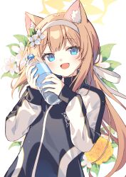 Rule 34 | 1girl, absurdres, animal ear fluff, animal ears, blue archive, blue eyes, blush, bottle, flower, hair flower, hair ornament, hairband, halo, highres, holding, holding bottle, jacket, long hair, long sleeves, looking at viewer, mari (blue archive), mari (track) (blue archive), official alternate costume, open mouth, orange hair, simple background, smile, solo, track jacket, upper body, water bottle, white background, white flower, white hairband, yellow flower, yellow halo, zoirun