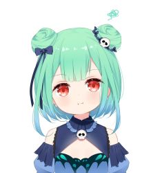 Rule 34 | 1girl, :i, bare shoulders, black bow, blue dress, blue sleeves, bow, closed mouth, detached sleeves, deyui, double bun, dress, earrings, green hair, hair bow, hair bun, hair ornament, highres, hololive, jewelry, looking at viewer, pouch, puffy sleeves, red eyes, simple background, skull earrings, skull hair ornament, sleeveless, sleeveless dress, solo, squiggle, upper body, uruha rushia, uruha rushia (1st costume), virtual youtuber, white background