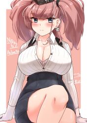 Rule 34 | 1girl, absurdres, atlanta (kancolle), black hat, black skirt, blush, bra visible through clothes, breasts, brown hair, cleavage, collarbone, dated, dress shirt, earrings, garrison cap, grey eyes, hat, high-waist skirt, highres, jewelry, kantai collection, large breasts, long hair, long sleeves, looking at viewer, open clothes, open shirt, pink background, shirt, signature, single earring, sitting, skirt, solo, star (symbol), star earrings, suspender skirt, suspenders, thigh strap, two side up, watashitachino kareshi, white background, white shirt