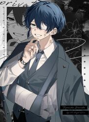 Rule 34 | 1boy, absurdres, artist name, bandages, bandaid, bandaid on face, belt, black pants, blue eyes, blue hair, blue necktie, broken arm, character age, collared shirt, commentary request, english text, eyepatch, hanami haru, hand on own face, height, highres, jacket, long sleeves, medical eyepatch, mole, mole under mouth, necktie, original, pants, shirt, short hair, smile, suit jacket, teeth, vest, watch, white shirt