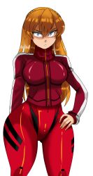 Rule 34 | 1girl, :o, absurdres, alcione makoto, alternate breast size, blue eyes, bodysuit, bodysuit under clothes, breasts, brown hair, covered navel, curvy, earrings, evangelion: 3.0 you can (not) redo, hair ornament, hand on own hip, highres, jacket, jewelry, large breasts, long hair, looking at viewer, neon genesis evangelion, plugsuit, rebuild of evangelion, red bodysuit, simple background, solo, souryuu asuka langley, standing, track jacket, transparent background, tsundere, wide hips
