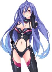 Rule 34 | 10s, 1girl, ahoge, blue hair, blush, breasts, bright pupils, cleavage, cleavage cutout, clothing cutout, cowboy shot, dominatrix, gradient hair, hair between eyes, halterneck, hand in own hair, hand on own hip, iris heart, kami jigen game neptune v, legs apart, long hair, looking at viewer, multicolored hair, navel, neptune (series), power symbol, power symbol-shaped pupils, purple hair, pururut, red eyes, revealing clothes, simple background, solo, standing, symbol-shaped pupils, very long hair, white background