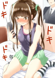 Rule 34 | 1girl, @ @, alternate hairstyle, amagami, bare shoulders, between legs, blush, breasts, brown eyes, brown hair, cordless phone, hand between legs, heartbeat, kamizaki risa, kneeling, long hair, medium breasts, on bed, phone, pleated skirt, poster (medium), poster (object), shouji nigou, skirt, socks, solo, striped clothes, striped socks, sweat, tank top, translated, twintails