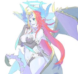 Rule 34 | 1girl, antenna hair, bare shoulders, black bra, black gloves, black panties, blue eyes, blue skin, bra, breast lift, breasts, colored skin, contrapposto, cowboy shot, dragon horns, dragon wings, elbow gloves, enkyo yuuichirou, facial mark, forehead mark, from side, gloves, halo, hand up, horns, jewelry, large breasts, long hair, low wings, multicolored hair, multiple wings, navel, necklace, original, panties, parted bangs, red hair, revealing clothes, simple background, smile, smirk, solo, standing, streaked hair, underwear, very long hair, white background, wings
