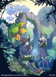 Rule 34 | 2girls, book, diana cavendish, forest, hat, highres, kagari atsuko, legs together, little witch academia, multiple girls, nature, outdoors, plant, ruins, school uniform, sitting, standing, surprised, ticcy, twitter username, witch hat