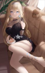 Rule 34 | 1girl, absurdres, anklet, bare legs, black dress, blonde hair, blue eyes, blurry, breasts, bubba (watson amelia), cake, cake slice, cleavage, closed mouth, couch, depth of field, dodari, dress, earrings, floral print, food, fork, gem, gold footwear, highres, hololive, hololive english, indoors, jewelry, large breasts, light blush, light frown, long hair, long sleeves, looking at viewer, lying, mole, mole on breast, on side, plant, see-through, short dress, strapless, strapless dress, thighs, tiara, virtual youtuber, watson amelia, watson amelia (3rd costume)
