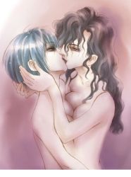 Rule 34 | 2girls, bare shoulders, black hair, blue eyes, blue hair, breast press, breasts, cleavage, evil, eye contact, fire emblem, fire emblem: the blazing blade, hand on another&#039;s face, hug, kiss, lips, lipstick, long hair, looking at another, makeup, multiple girls, nintendo, nude, short hair, sonia (fire emblem: the blazing blade), symmetrical docking, ursula (fire emblem), yellow eyes, yuri