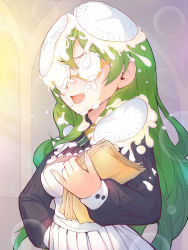 Rule 34 | 1girl, apron, bad id, bad pixiv id, black dress, breasts, commentary request, cream, dress, food, food on face, green hair, hand on own hip, highres, holding, holding paper, in the face, karin (princess connect!), lens flare, long hair, maid apron, medium breasts, open mouth, paper, pie, princess connect!, round eyewear, semi-rimless eyewear, solo, upper body, v-shaped eyebrows, yako noir