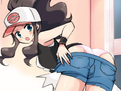 Rule 34 | 10s, 1girl, ass, baseball cap, bent over, blue eyes, blush, breasts, brown hair, chro (rulurullu), clothes pull, creatures (company), denim, denim shorts, from behind, game freak, hat, hilda (pokemon), long hair, looking back, medium breasts, nintendo, open mouth, panties, pink panties, pokemon, pokemon bw, ponytail, shirt, short shorts, shorts, shorts pull, sleeveless, sleeveless shirt, solo, underwear, undressing, very long hair, vest, wristband