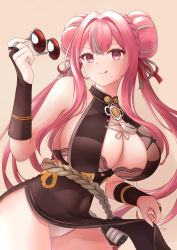 Rule 34 | 1girl, :q, azur lane, bad id, bad pixiv id, bare shoulders, black dress, bra, bra peek, braid, braided bun, breasts, bremerton (azur lane), bremerton (kung fu cruiser) (azur lane), bridal gauntlets, brown bra, china dress, chinese clothes, cleavage, closed mouth, clothes lift, commentary, covered navel, cowboy shot, double bun, dress, dress lift, unworn eyewear, grey hair, hair between eyes, hair bun, hair intakes, hair ornament, hair ribbon, highres, holding, holding removed eyewear, large breasts, lifting own clothes, long hair, looking at viewer, multicolored hair, no mole, official alternate costume, panties, pelvic curtain, pink background, pink eyes, pink hair, red-tinted eyewear, ribbon, round eyewear, sebu illust, sidelocks, simple background, smile, solo, standing, strapless, strapless bra, streaked hair, sunglasses, tinted eyewear, tongue, tongue out, two-tone hair, underwear, white panties