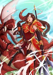 Rule 34 | 1girl, altena (fire emblem), armor, brown hair, dragon riding, fire emblem, fire emblem: genealogy of the holy war, hairband, highres, holding, holding polearm, holding weapon, nintendo, open mouth, polearm, red armor, solo, thighhighs, vialnite, weapon, white hairband