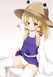 Rule 34 | 1girl, blonde hair, blush, breasts, brown hat, closed mouth, commentary request, cross-laced clothes, feet out of frame, gradient background, grey background, hair ribbon, hat, heart, highres, long hair, long sleeves, looking at viewer, moriya suwako, parted bangs, purple skirt, purple vest, pyonta, red ribbon, ribbon, sidelocks, simple background, skirt, sleeves past fingers, sleeves past wrists, small breasts, smile, solo, suwa yasai, thighhighs, touhou, vest, white thighhighs, wide sleeves, yellow eyes