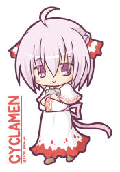 Rule 34 | 1girl, ahoge, blush, book, braid, brown footwear, capelet, character name, chibi, closed mouth, commentary request, cyclamen (flower knight girl), dress, flower knight girl, full body, hair between eyes, hair ribbon, long sleeves, looking at viewer, hugging object, pink ribbon, purple eyes, purple hair, ri-net, ribbon, simple background, smile, solo, standing, twitter username, white background, white capelet, white dress, wide sleeves