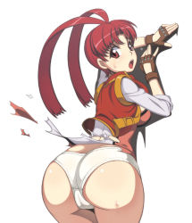 Rule 34 | 1990s (style), 1girl, against wall, ass, cameltoe, caryo, fingerless gloves, from behind, gloves, long hair, looking back, lowres, nanashino, open mouth, panties, red eyes, red hair, retro artstyle, simple background, sleeves rolled up, solo, sweat, torn clothes, underwear, utsugi mikoto, white panties, yuusha ou gaogaigar, yuusha series