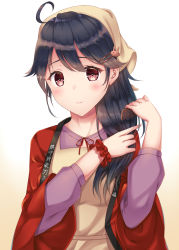 Rule 34 | 1girl, absurdres, ahoge, alternate eye color, apron, black hair, blush, brushing hair, closed mouth, clothes writing, comb, commentary request, fingernails, gradient background, hair ornament, hairclip, hands up, head scarf, highres, holding, japanese clothes, kantai collection, long hair, long sleeves, looking at viewer, open clothes, purple shirt, rabbit hair ornament, red eyes, red ribbon, ribbon, scrunchie, shirt, smile, solo, upper body, ushio (kancolle), wrist scrunchie, yellow background, zhou yu (ppaaqz1995)