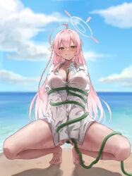 Rule 34 | 1girl, :q, ahoge, bare legs, barefoot, beach, between breasts, bikini, bikini under clothes, blue archive, blurry, blurry background, bound, bound arms, bound torso, bow, braid, breasts, cleavage, closed mouth, collared shirt, depth of field, dress shirt, green eyes, hair bow, halo, halterneck, hanako (blue archive), hanako (swimsuit) (blue archive), highres, holding, holding hose, hose, hose between breasts, large breasts, lkeris, long hair, long sleeves, looking at viewer, naughty face, official alternate costume, outdoors, pink bikini, pink hair, see-through, shirt, smile, solo, squatting, string bikini, swimsuit, thighs, tongue, tongue out, very long hair, water, wet, wet clothes, wet shirt, white shirt