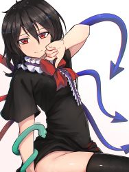 Rule 34 | 1girl, absurdres, arm up, black dress, black hair, black thighhighs, bow, bowtie, breasts, closed mouth, commentary request, dress, hair between eyes, highres, houjuu nue, long hair, looking at viewer, red bow, red bowtie, red eyes, senzaicha kasukadoki, short dress, short sleeves, simple background, small breasts, snake, solo, thighhighs, touhou, white background