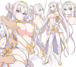 Rule 34 | 1girl, arm guards, bare shoulders, blue eyes, blush, breasts, britomart (fate), britomart (second ascension) (fate), capelet, center opening, cleavage, double bun, dress, elbow gloves, fate/grand order, fate (series), full body, gloves, gold trim, grey hair, hair bun, hairband, large breasts, long hair, multiple views, pants, pointy ears, shiseki hirame, tight clothes, tight pants, twintails, very long hair, white capelet, white dress, white gloves, white pants