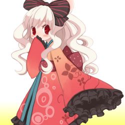 Rule 34 | 1girl, blush, covering own mouth, emdo (norabbit), frills, hair ribbon, hand over mouth, hand over own mouth, japanese clothes, kimono, long hair, long sleeves, lowres, nezubi, original, red eyes, ribbon, sleeves past wrists, smile, solo, white hair