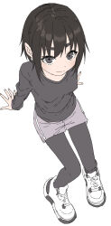 Rule 34 | 1girl, absurdres, arm support, black eyes, black hair, black pantyhose, black shirt, breasts, closed mouth, commentary request, dot nose, eyebrows hidden by hair, flat color, from above, full body, grey eyes, grey shorts, hair between eyes, highres, kagawa rin, leaning back, long sleeves, looking at viewer, matching hair/eyes, pantyhose, pantyhose under shorts, perspective, shirt, shoes, short eyebrows, shorts, simple background, sitting, light smile, small breasts, smile, sneakers, solo, soredemo ayumu wa yosetekuru, tareme, thick eyebrows, white background, white footwear, yamamoto souichirou