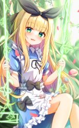 Rule 34 | 1girl, :3, :d, apron, baram, black ribbon, blonde hair, blue dress, blush, collared dress, commentary request, dress, feet out of frame, frilled apron, frilled dress, frills, green eyes, hair ribbon, hands up, highres, long hair, looking at viewer, mononobe alice, mononobe alice (1st costume), nijisanji, open mouth, petals, puffy short sleeves, puffy sleeves, ribbon, short sleeves, sitting, smile, solo, swing, very long hair, virtual youtuber, white apron