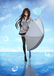 Rule 34 | 1girl, bare shoulders, black hair, black thighhighs, bracelet, brown eyes, garter straps, highres, holding, holding umbrella, horizon, jewelry, lens flare, long hair, looking at viewer, miniskirt, off-shoulder, off-shoulder sweater, off shoulder, original, parasol, reflection, ripples, shiraha (pixiv10239953), skirt, sky, sleeves rolled up, solo, standing, star (sky), starry sky, sweater, swept bangs, thighhighs, umbrella, white sweater, wristband, zettai ryouiki