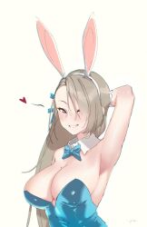 Rule 34 | 1girl, ;), absurdly long hair, animal ears, arm behind head, armpits, asuna (blue archive), asuna (bunny) (blue archive), blue archive, blue leotard, blue ribbon, bow, bowtie, breasts, cleavage, commentary, detached collar, english commentary, fake animal ears, gloves, hair over one eye, hair ribbon, heart, large breasts, leotard, light brown hair, long hair, looking at viewer, mixed-language commentary, mole, mole on breast, official alternate costume, one eye closed, playboy bunny, puk (higanbana doujin), rabbit ears, ribbon, smile, strapless, strapless leotard, swept bangs, traditional bowtie, upper body, very long hair, white background, white gloves