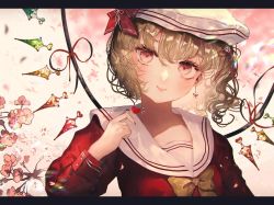 Rule 34 | 1girl, alternate costume, alternate headwear, arm up, blonde hair, blurry, blurry background, bow, bowtie, cherry blossoms, clover hair ornament, commentary request, drop earrings, earrings, flandre scarlet, four-leaf clover hair ornament, hair between eyes, hair ornament, hair ribbon, hat, hat ribbon, head tilt, heart, jewelry, letterboxed, looking at viewer, majamari, one side up, red eyes, red shirt, ribbon, sailor collar, sailor hat, shirt, single earring, sleeve cuffs, smile, solo, touhou, upper body, white hat, white sailor collar, wings, yellow bow, yellow bowtie