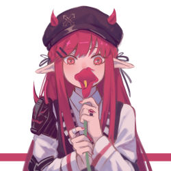 Rule 34 | 1girl, arknights, black hat, cabbie hat, chinese commentary, commentary request, flower, hair ornament, hairclip, hat, highres, holding, holding flower, horns, horns through headwear, jewelry, long hair, long sleeves, looking at viewer, nail polish, pink nails, pointy ears, red eyes, red flower, red hair, ring, shirt, simple background, solo, towne, tulip, upper body, vigna (arknights), white background, white shirt